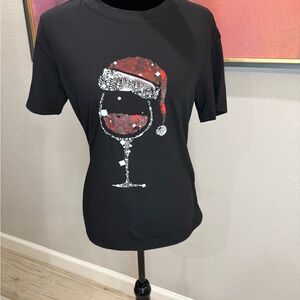 Festive Black T-Shirt with Santa Hat Wine Glass Design
